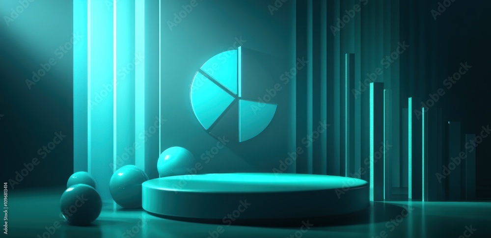 Poster A minimalist 3D scene featuring geometric shapes and a pie chart backdrop.