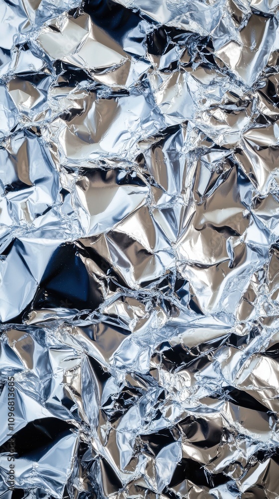 Poster close-up of crumpled silver foil, creating a shiny textured background in metallic hues.