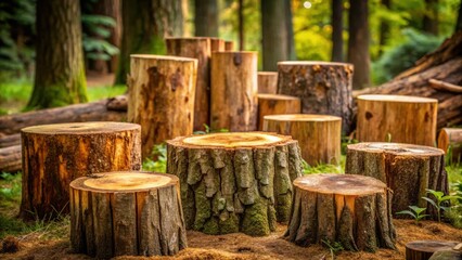 Naklejka premium A grouping of natural tree stumps in the forest, creating a rustic and organic seating arrangement.