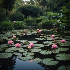 "A serene pond with floating pink water lilies surrounded by lush greenery."