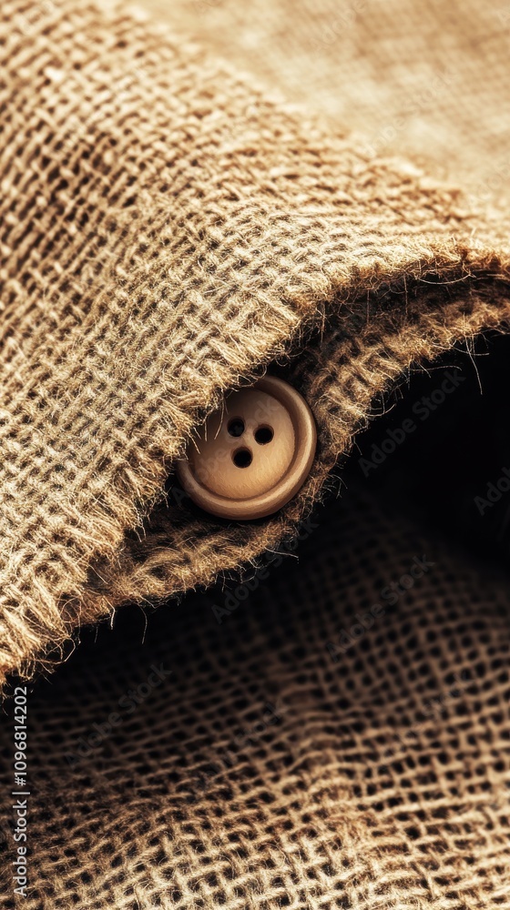 Poster close-up of a rustic burlap fabric with a wooden button peeking through, showcasing texture and simp