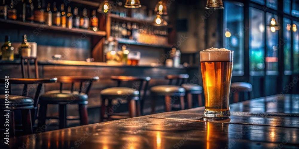 Aufkleber a single glass of beer sits on a wooden table in a dimly lit bar, with a blurry background of bar st