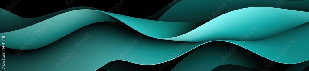 Poster a smooth, flowing abstract design with teal waves on a dark background.