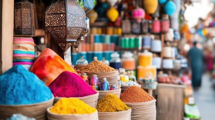 Vibrant Moroccan market, bustling with colorful watercolor textiles, intricate lanterns, and exotic spices