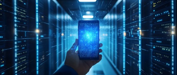 Concept of cloud computing with a man's hand holding a smartphone in a data center room, close-up on a digital, glowing blue icon and binary code