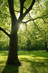 Obraz premium Sunlight filtering through a lush green tree in a park. Concept of nature, tranquility, and serenity.