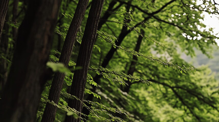 Obraz premium Dense Forest Canopy. Lush Green Trees and Dark Trunks. Nature, Forest, Woods, Ecology, Environment.