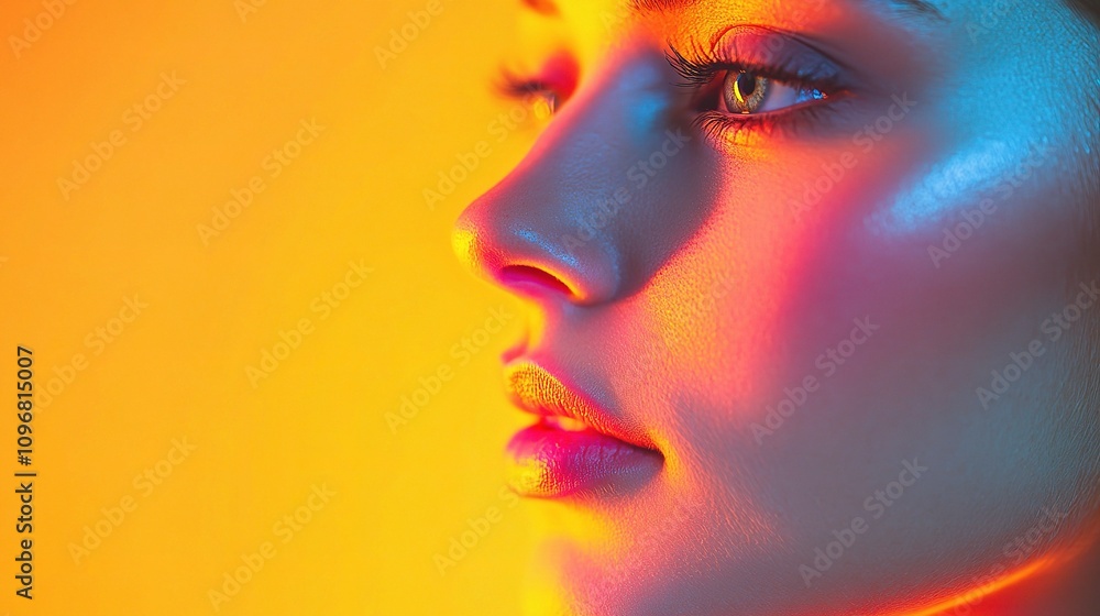 Poster Vibrant Face Contour with Corrective Elements in Advertisement Style Featuring Unique Lighting and Color Gradients for Artistic Expression