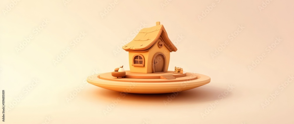 Poster a minimalist 3d model of a charming house on a circular base, showcasing playful design.