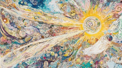 Abstract painting of vibrant colors, textures, and cosmic imagery.
