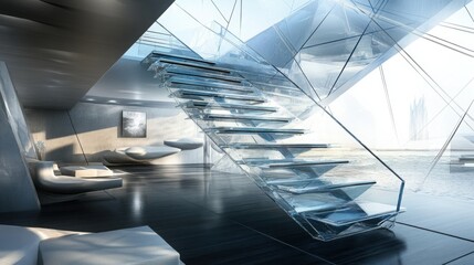 a staircase with glass steps suspended by metal cables, giving a floating effect in a high-tech