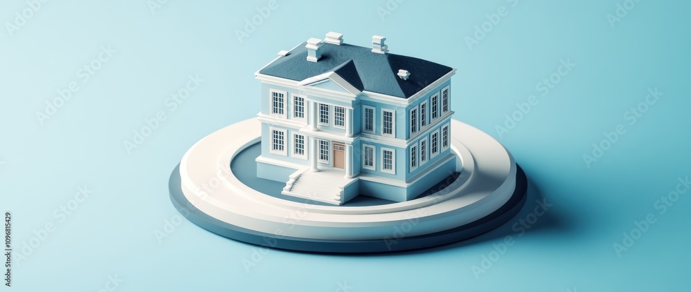 Poster a 3d model of a house on a circular base, showcasing architectural design.