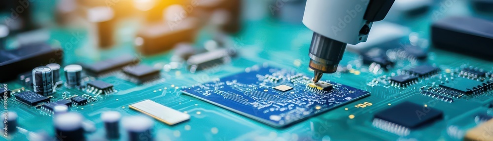 Poster robotic arm assembling circuit boards precision innovation close up technology lab futuristic fusion
