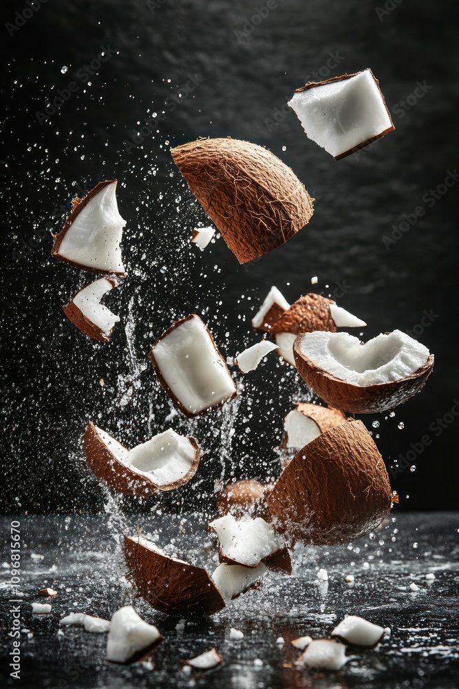Poster A dynamic image of coconut halves exploding with water droplets, showcasing freshness.