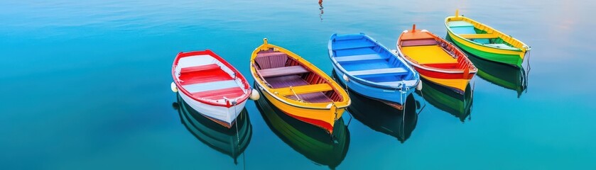 Obraz premium Renewablepowered boats sailing in a harbor, bright hues of wind kites above reflecting on clear waters