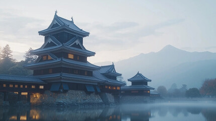 Matsumoto Castle at Dusk with Illuminated Wooden Facade