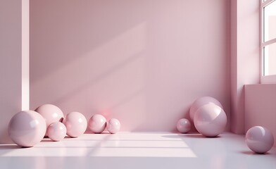 Fototapeta premium This is a 3D rendering of a pink room with a large and a small sphere. The room is lit by a soft pink light from the right