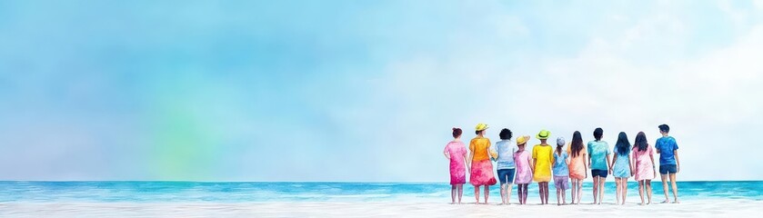 Obraz premium Playful watercolor of friends at a beach, capturing diverse identities and shared joy