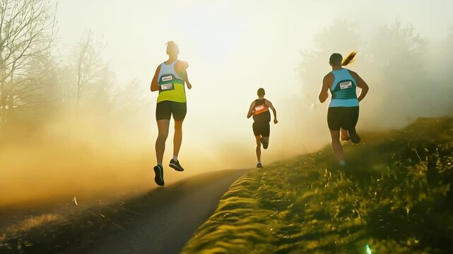 Three runners in colorful sportswear jogging through a golden misty landscape, surrounded by trees and soft sunlight