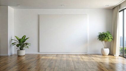 Empty Room Interior With White Wall And Wooden Floor Featuring A Large Blank Canvas And Two Plants