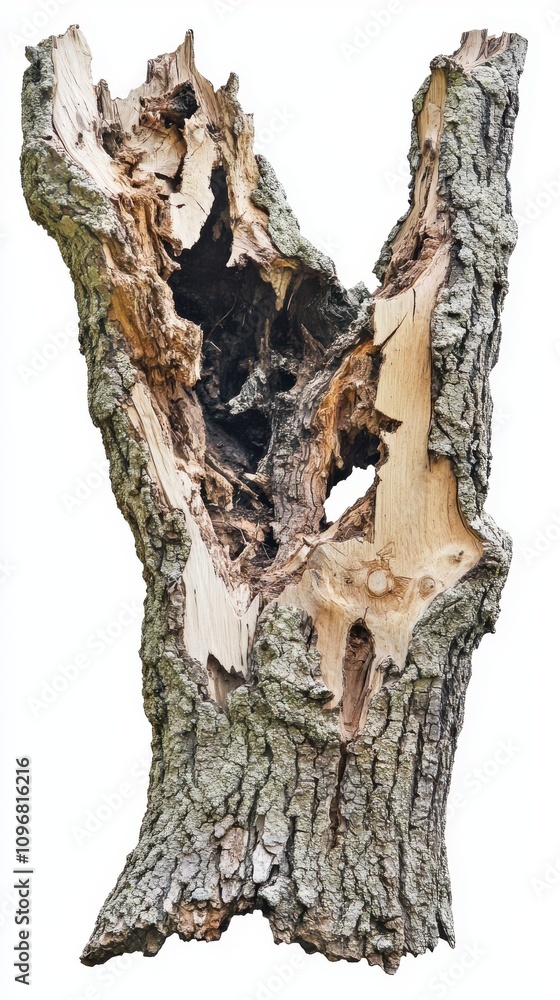 Poster a weathered, hollowed tree trunk with intricate textures and patterns, showcasing nature's rustic be