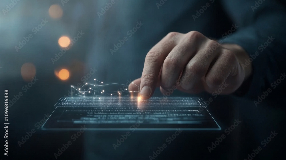 Poster a hand is pointing at a glowing screen with a starburst pattern