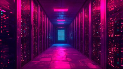 A neon-lit corridor filled with server racks, creating a futuristic, tech-inspired atmosphere.