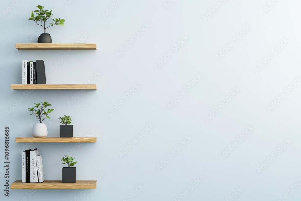 Poster minimalist shelving unit design side view balancing aesthetics and utility futuristic tone splitcomp