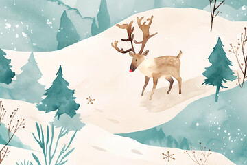 Wandering Deer in Serene Winter Scene, notion for exploration, harmony with nature, children's book illustration, adventure theme, classroom decor, New Year and Christmas theme