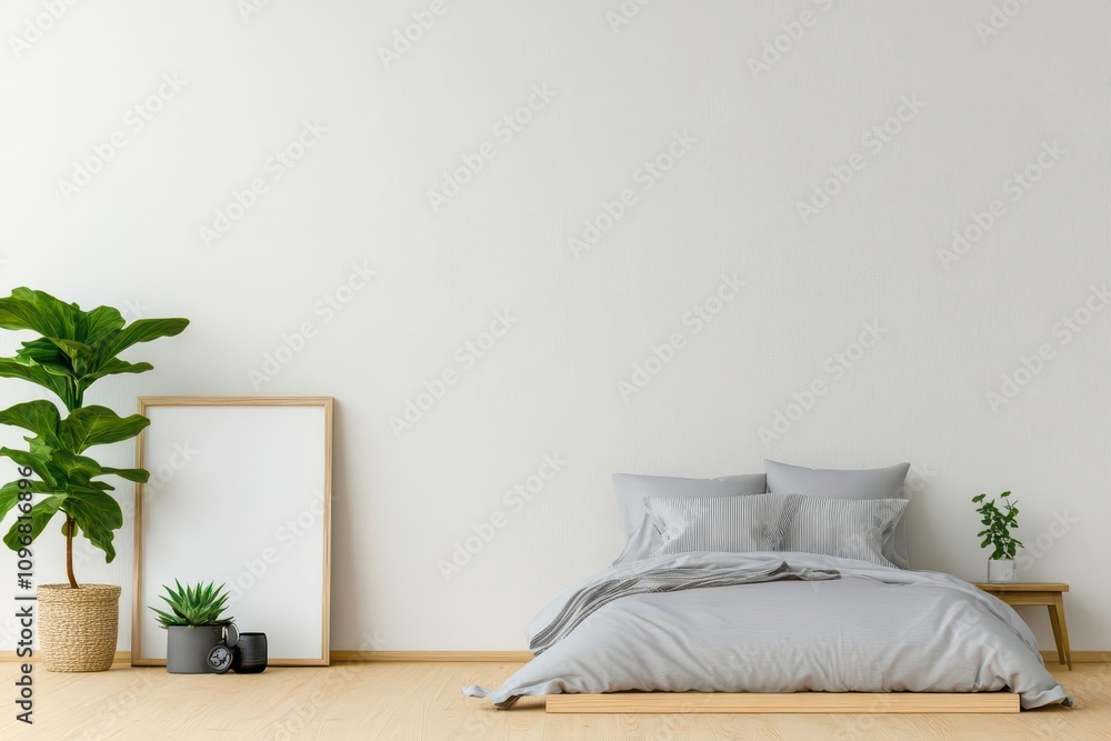 Poster Minimalist bedroom decor layout side view emphasizing calming and airy vibes futuristic tone Monochromatic Color Scheme