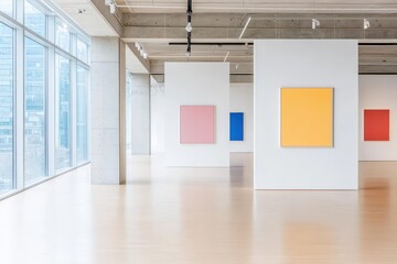 Obraz premium Minimalist art gallery interior top view showcasing open spaces and neutral lighting technology tone Monochromatic Color Scheme