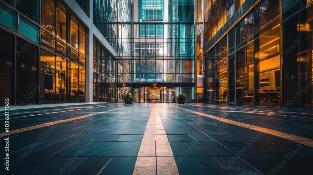 Poster modern urban architecture featuring glass structures and a sleek pathway.