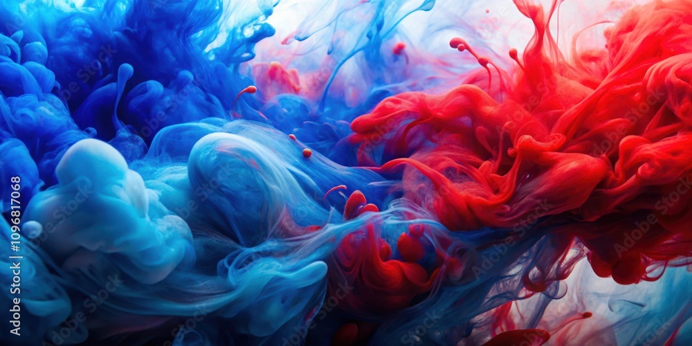 Poster an abstract swirl of vibrant red and blue inks, creating a captivating dance of color and movement.