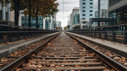 Fototapeta premium A deserted streetcar track with leaves scattered along the rails