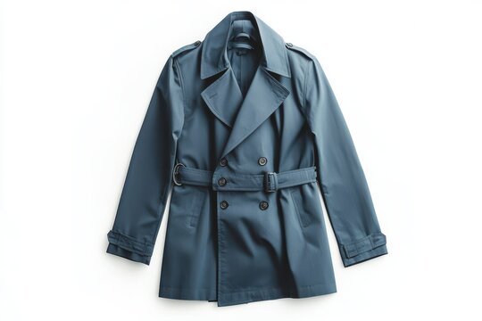 Modern blue trench coat with belt isolated on white background, ideal for fashion mockups, online shopping, and promotional design projects.