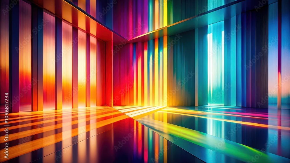 Poster a vibrant abstract interior space with mirrored floor and colorful metal walls, creating an intricat