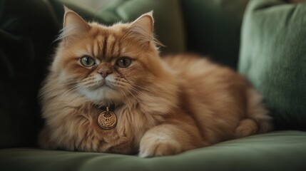Fototapeta premium A fluffy orange Persian cat resting on a green couch, showcasing its striking eyes and luxurious fur.