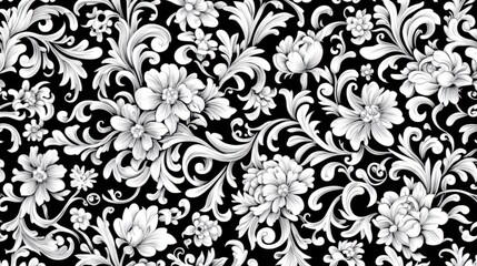 Seamless monochrome floral pattern with swirling leaves and flowers on black background.