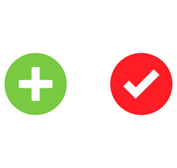Two circular icons: a green circle with a white plus sign and a red circle with a white check mark, used for adding or confirming and indicating correctness or completion.
