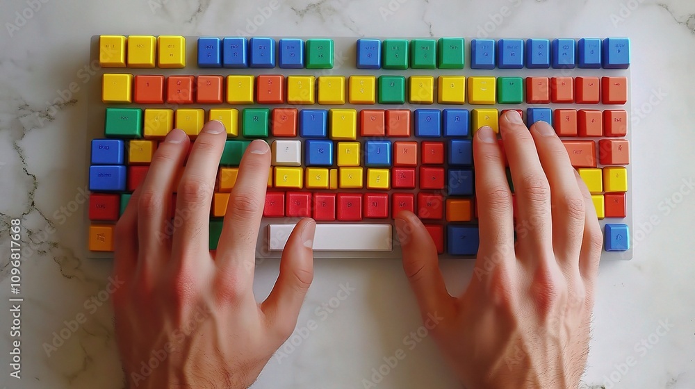 Poster close-up view of hands typing on a colorful computer keyboard on a marble surface, showcasing vibran