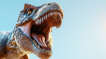 A detailed, realistic depiction of a roaring T-Rex dinosaur against a clear sky background,...