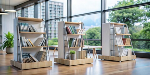 Fototapeta premium Modern Bookshelves With Metal Frames and Wooden Shelves Filled With Various Books Displayed In A Room With A Window View