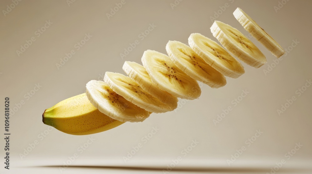 Poster a banana and its sliced pieces arranged in a floating manner against a neutral background.