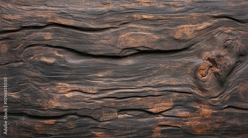 Poster a close-up of textured dark wood, showcasing deep grooves and natural patterns that highlight its ru