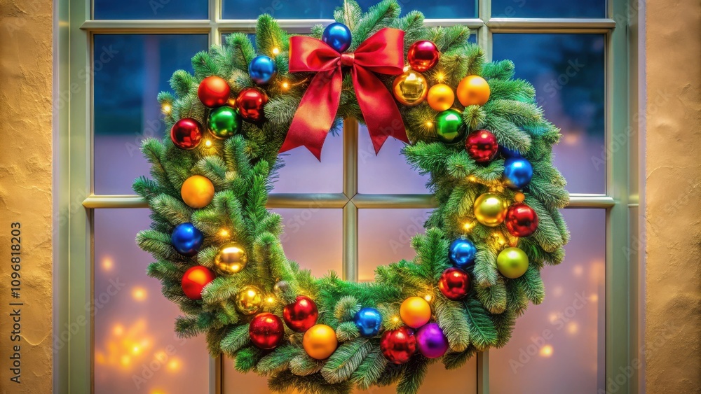 Poster A festive Christmas wreath adorned with colorful ornaments and a vibrant red bow hangs on a windowpane, illuminated by soft indoor lights creating a warm and inviting atmosphere.