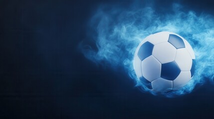 Fototapeta premium A dynamic soccer ball surrounded by blue smoke on a dark background, conveying energy and motion.