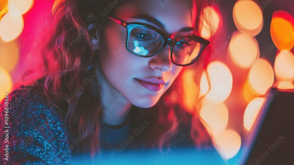Poster young female programmer engrossed in coding session on laptop with bokeh background lights creating 