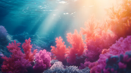 Naklejka premium Vibrant coral reef with sunlight shining through the water. Vivid Coral Reefs. Illustration