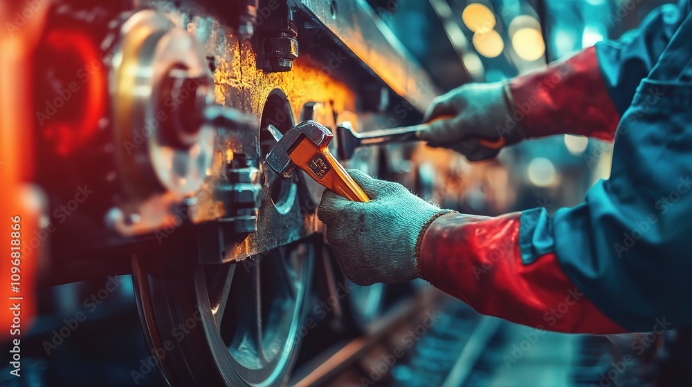 Poster team of engineers using vibrant wrenches to repair industrial machinery in a dynamic workshop settin