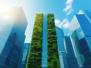 Fototapeta premium Energyefficient skyscrapers reflecting sunlight, with vertical gardens climbing their facades